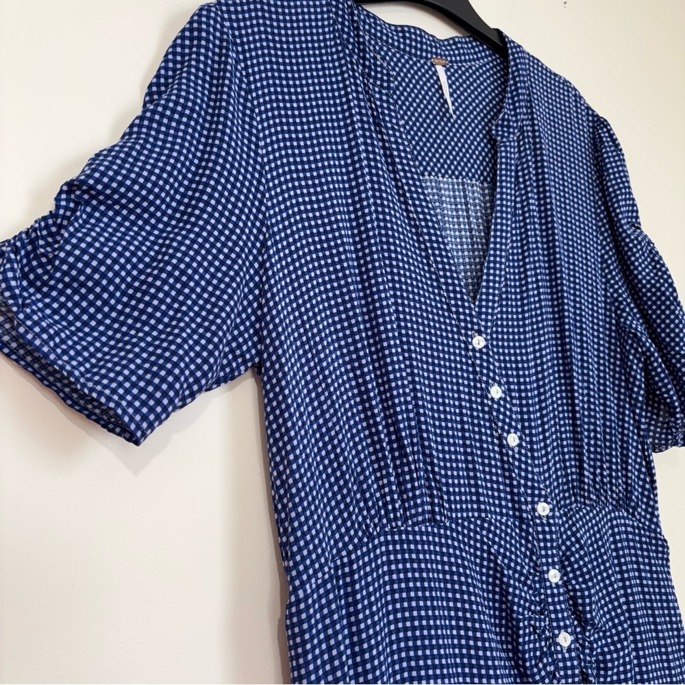 Free People boho rippa ruffle sleeve button up V-nek blue white gingham dress XL - Picture 5 of 16